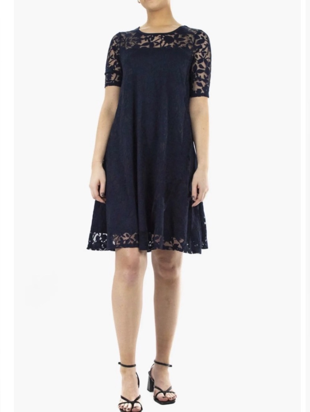 💙NWT Nina Leonard Navy Blue Burnout Lace Trapeze Dress - Size L💙